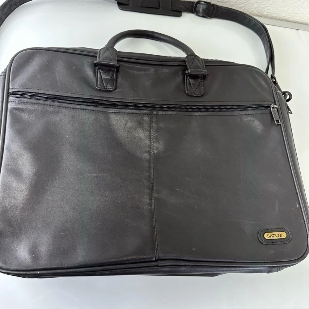 SATCHI genuine black leather messenger bag unisex academia